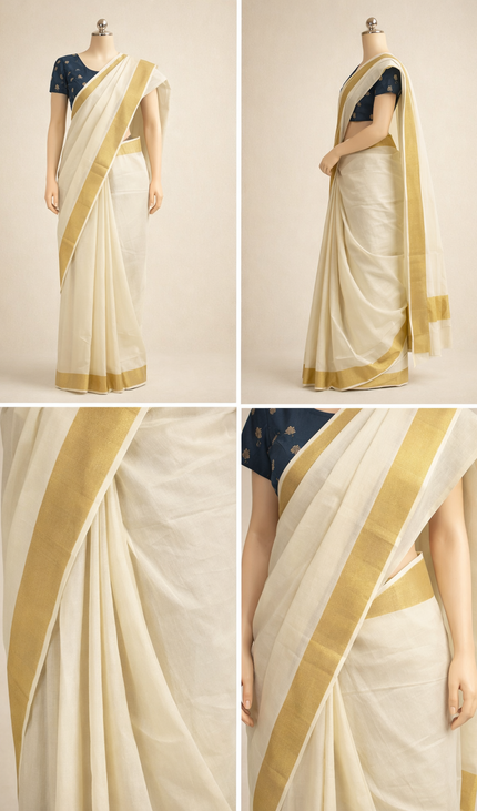 Kerala Cotton Saree –Vishu Special Off-White & Gold Zari Border|V1