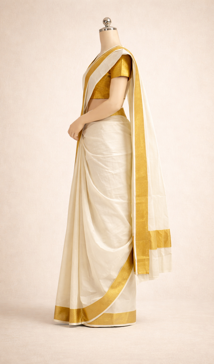 Kerala Cotton Saree –Vishu Special Off-White & Gold Small Zari Border|V2