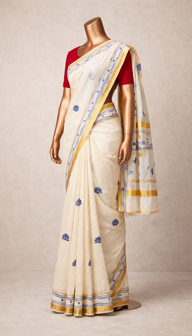 Kerala Printed Cotton Saree –Vishu Special Off-White & Gold Small Zari Border|V4
