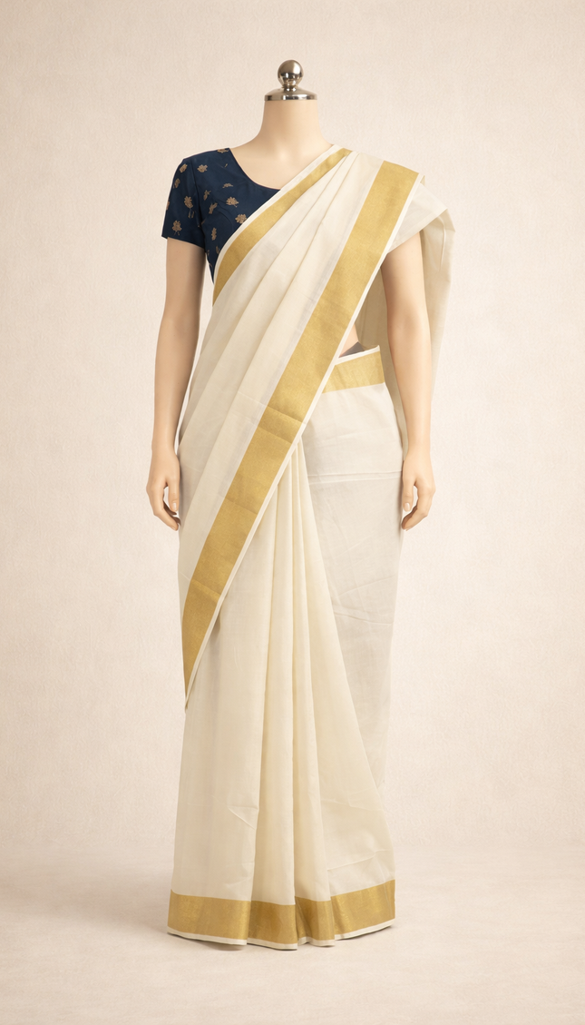 Kerala Cotton Saree –Vishu Special Off-White & Gold Zari Border|V1