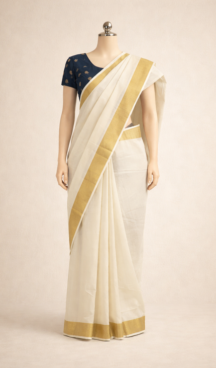 Kerala Cotton Saree –Vishu Special Off-White & Gold Zari Border|V1