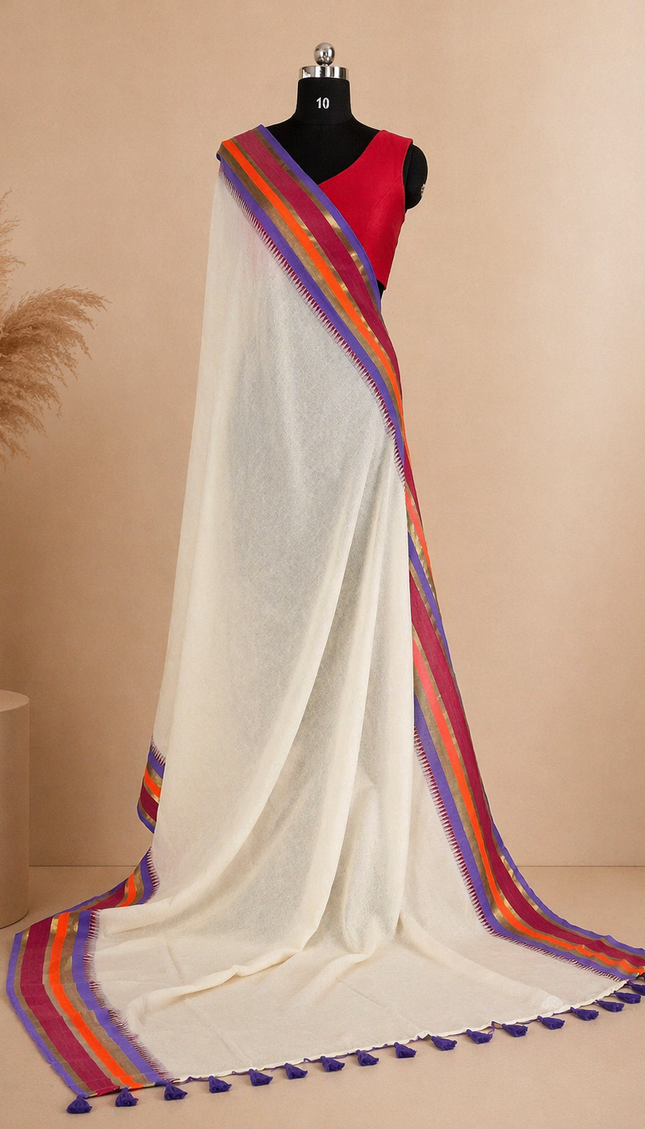Off White Pure Mul Cotton Saree | Pink Floral Buti Embroidery |CS8_10