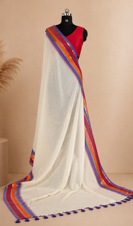 Off White Pure Mul Cotton Saree | Pink Floral Buti Embroidery |CS8_10