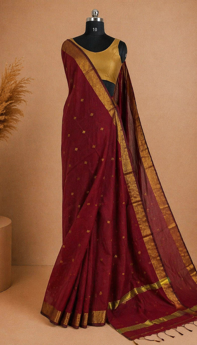 Maheshwari Cotton Saree –Maroon with Zari Buti & Gold Border|CS10_1