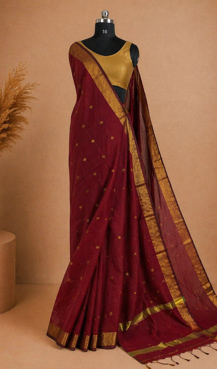 Maheshwari Cotton Saree –Maroon with Zari Buti & Gold Border|CS10_1