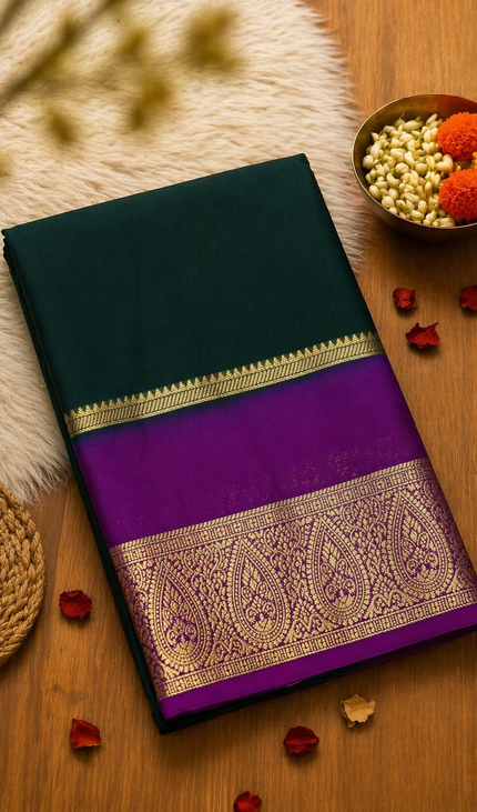 Bottle Green & Purple Big Border Semi Mysore Silk Saree| S19_1