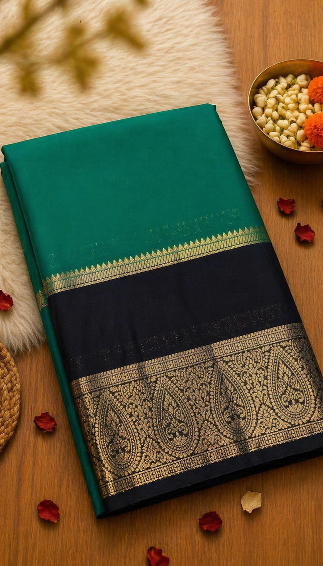 Teal & Black Big Border Semi Mysore Silk Saree|S19_2