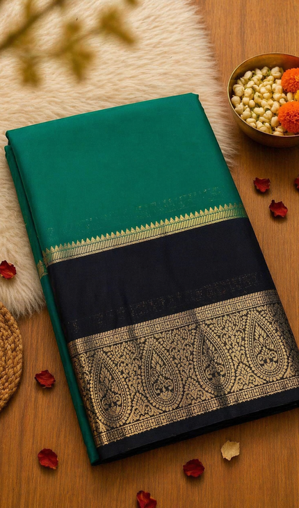 Teal & Black Big Border Semi Mysore Silk Saree|S19_2