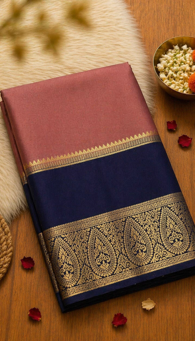 Dusty Rose & Navy Blue Big Border Semi Mysore Silk Saree|S19_4
