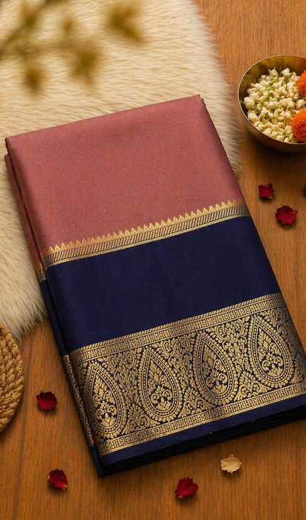 Dusty Rose & Navy Blue Big Border Semi Mysore Silk Saree|S19_4