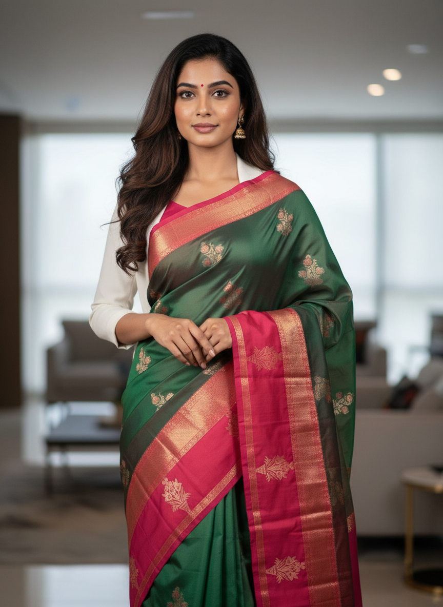 Green Kanchipuram Silk Saree With Butta Design| AS-00121