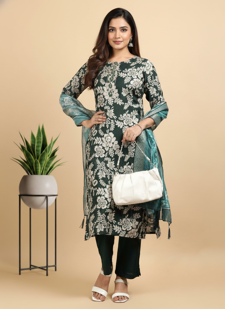 Green Printed Kurti Set For Women| AS-00195