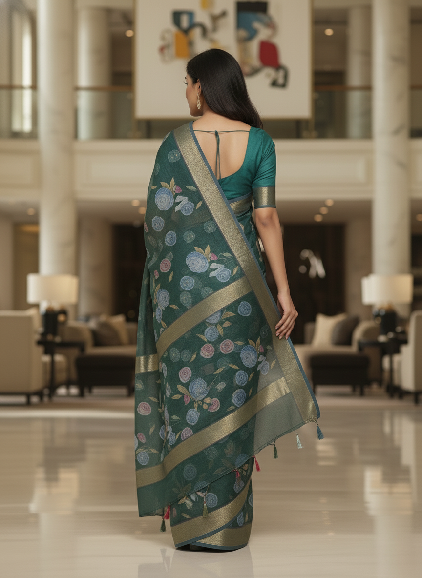 Green Multicolor Saree with Pattern Print | AS-00111