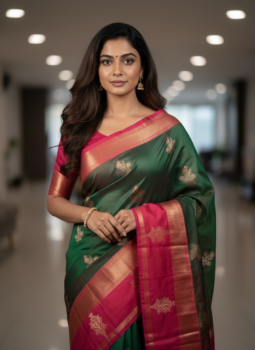 Green Kanchipuram Silk Saree With Butta Design| AS-00121