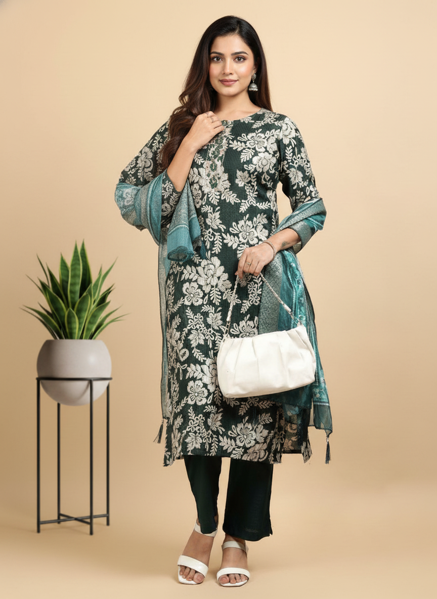 Green Printed Kurti Set For Women| AS-00195