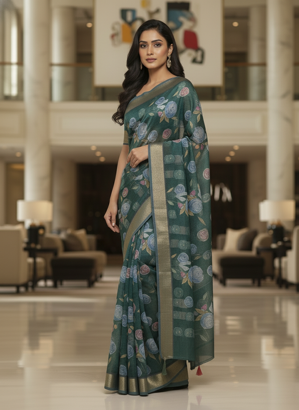 Green Multicolor Saree with Pattern Print | AS-00111