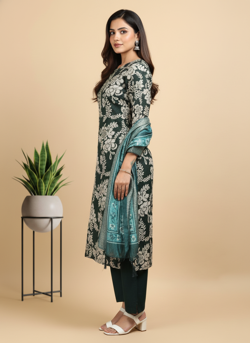 Green Printed Kurti Set For Women| AS-00195