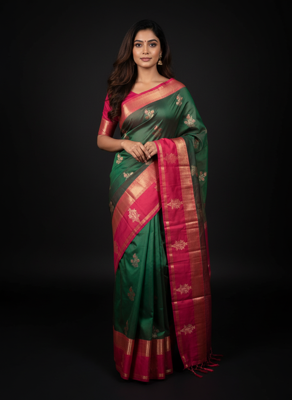 Green Kanchipuram Silk Saree With Butta Design| AS-00121