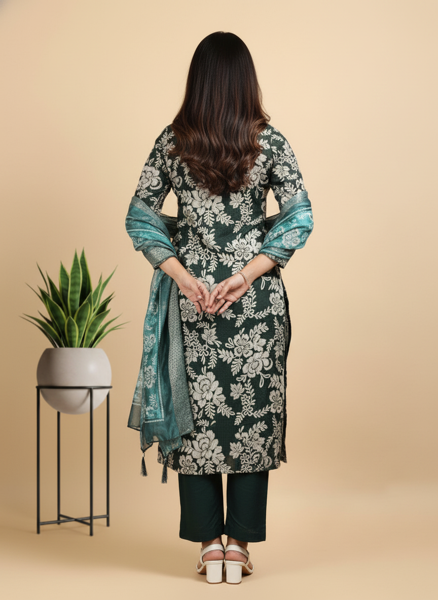 Green Printed Kurti Set For Women| AS-00195
