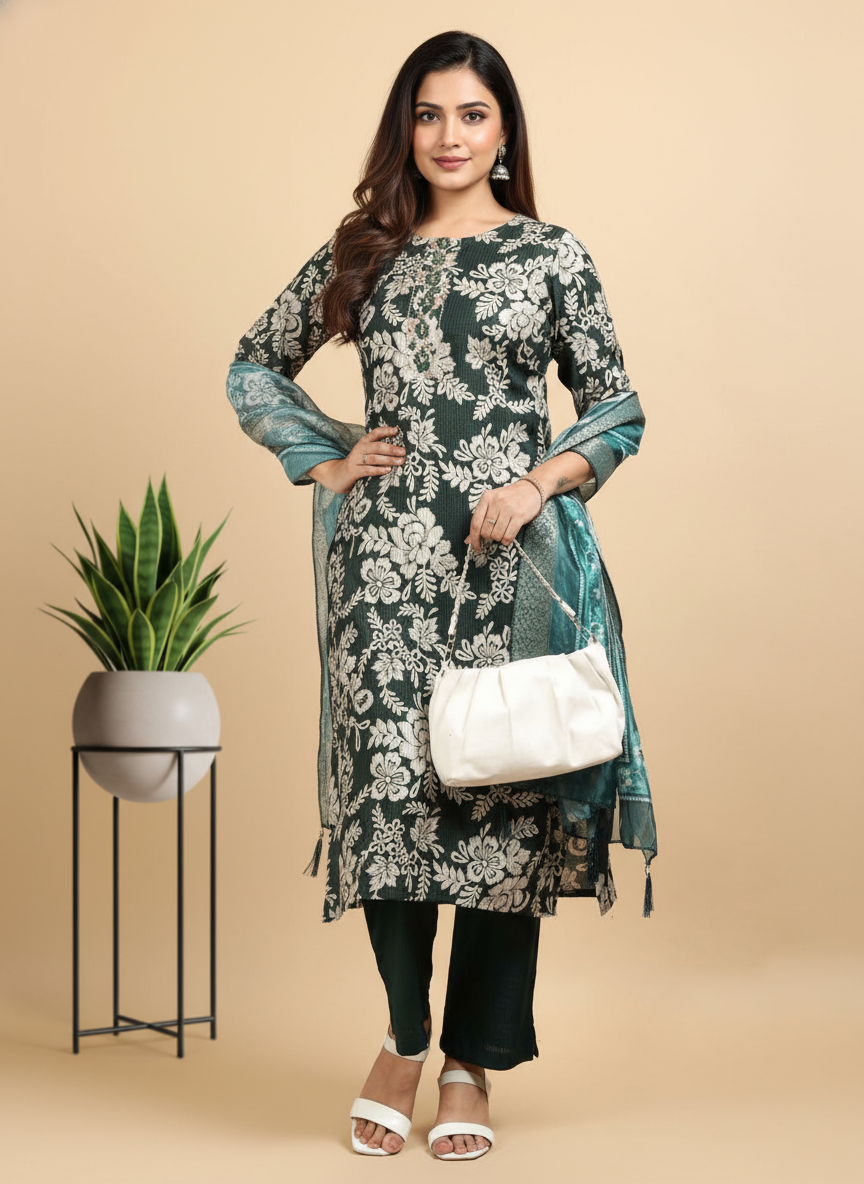 Green Printed Kurti Set For Women| AS-00195