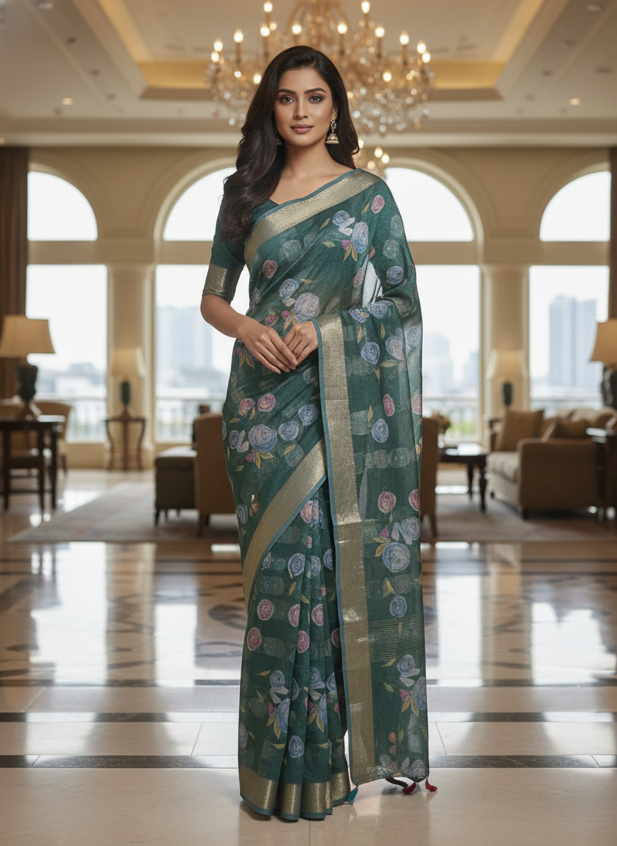 Green Multicolor Saree with Pattern Print | AS-00111