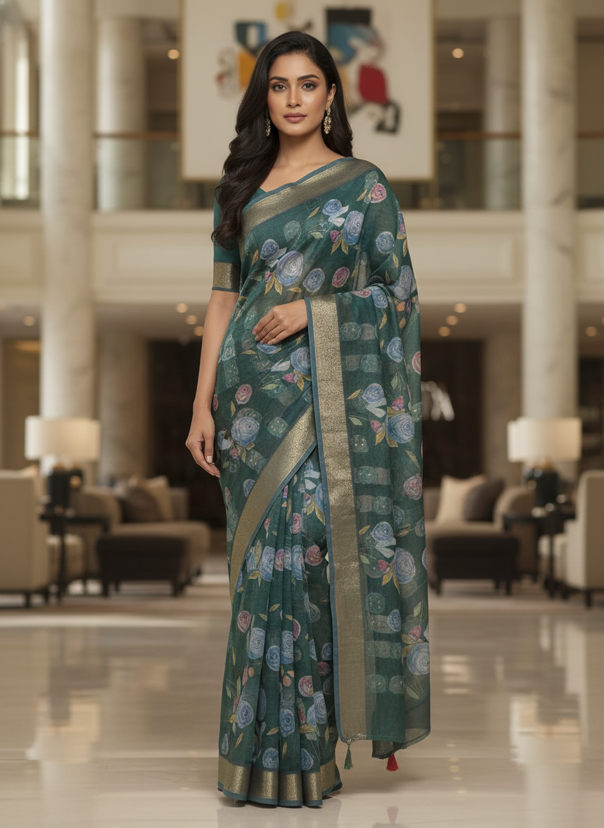 Green Multicolor Saree with Pattern Print | AS-00111