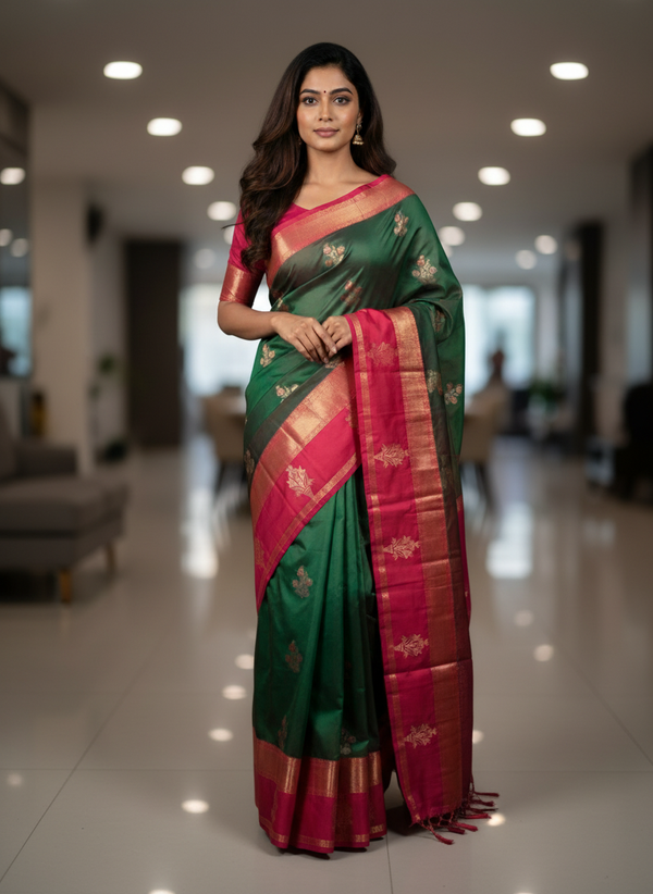 Green Kanchipuram Silk Saree With Butta Design| AS-00121