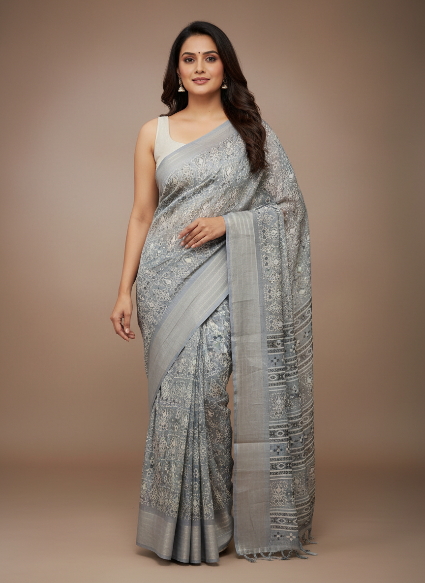Emerald mustard Printed Soft chiffon Saree | AS-0090