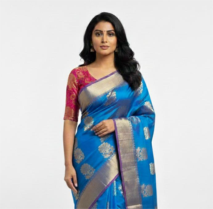 Blue Silk Saree in  with Zari Border|AS-0059