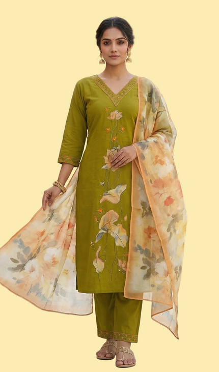 Olive Green Hand-Painted Lotus Kurta Set with Floral Chiffon Dupatta |SC15_3