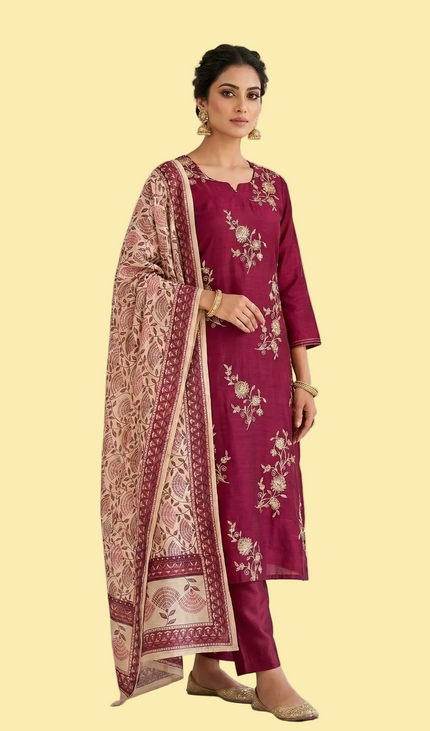 Maroon Floral Vine Embroidered Kurta Set with Block Print Dupatta |SC17_2