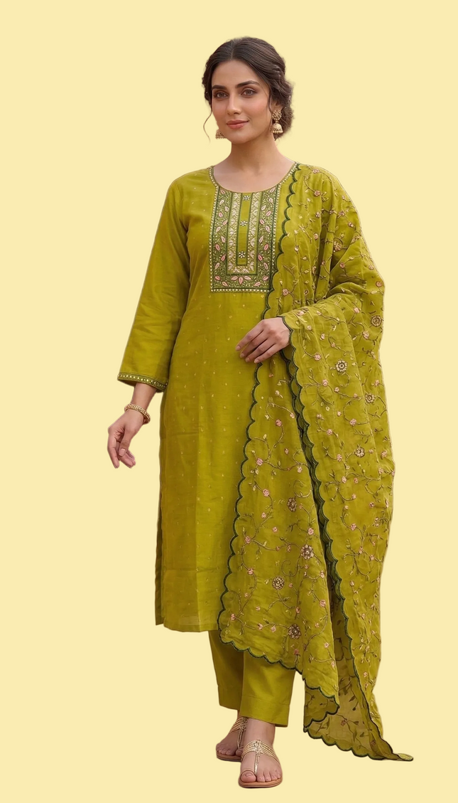 Olive Green Embroidered Kurta Set with Floral Dupatta|SC14