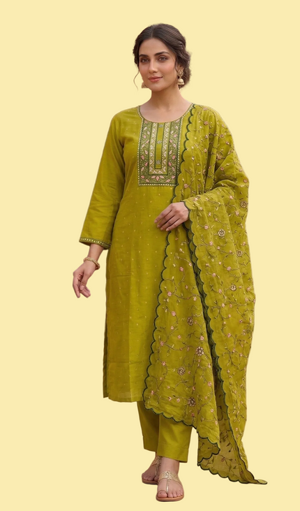 Olive Green Embroidered Kurta Set with Floral Dupatta|SC14