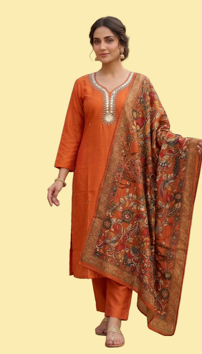 Orange Embroidered Kurta Set with Kalamkari Dupatta |SC13