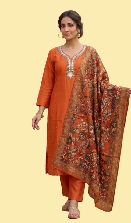 Orange Embroidered Kurta Set with Kalamkari Dupatta |SC13