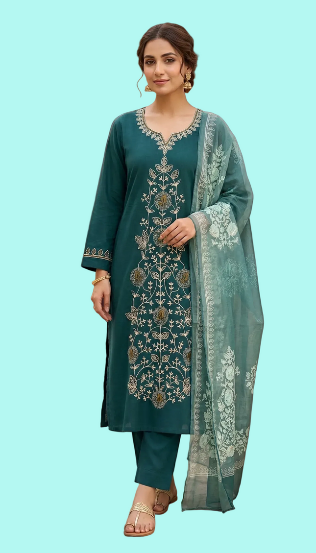 Teal Green Embroidered Kurta Set with Dupatta | Festive Ethnic Wear for Women|SC12_1