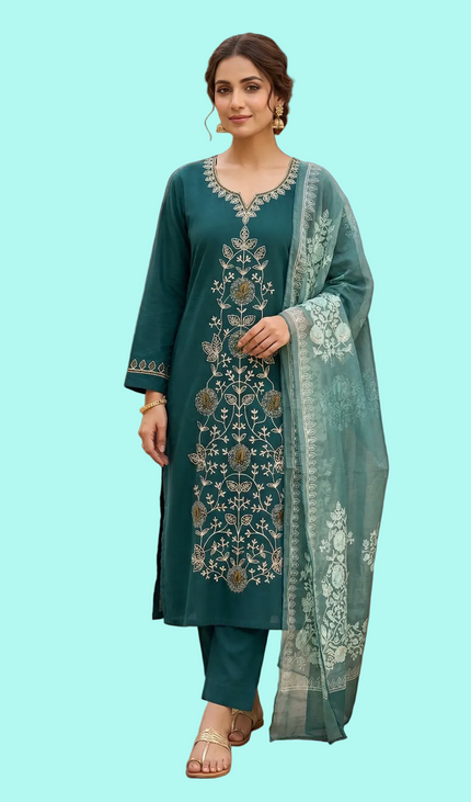 Teal Green Embroidered Kurta Set with Dupatta | Festive Ethnic Wear for Women|SC12_1