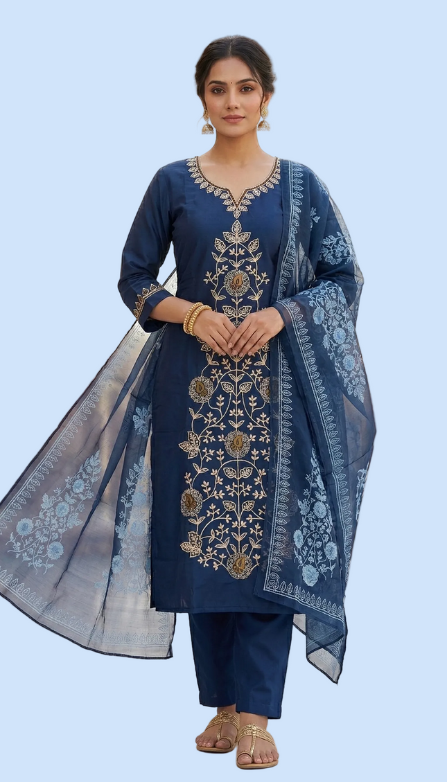Navy Blue Floral Vine Embroidered Kurta Set with Chiffon Dupatta |SC12_4