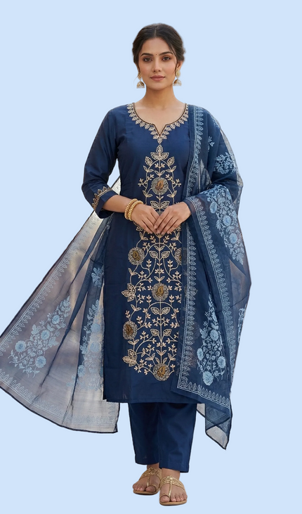 Navy Blue Floral Vine Embroidered Kurta Set with Chiffon Dupatta |SC12_4