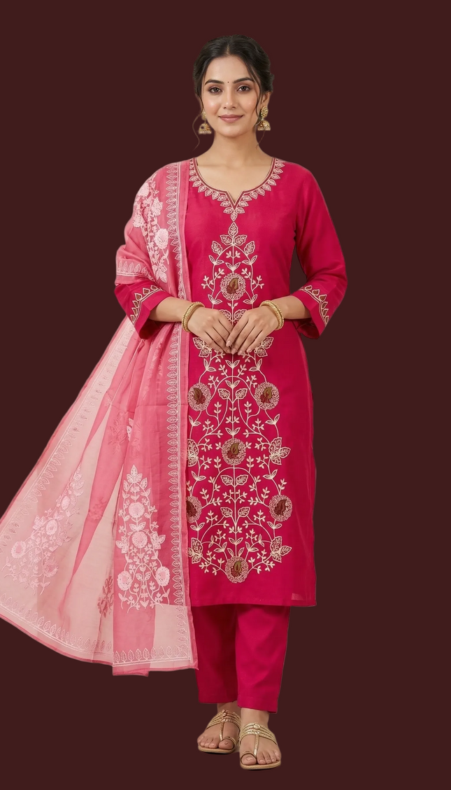 Magenta Pink Embroidered Kurta Set with Floral Dupatta |SC12_3