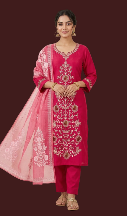 Magenta Pink Embroidered Kurta Set with Floral Dupatta |SC12_3