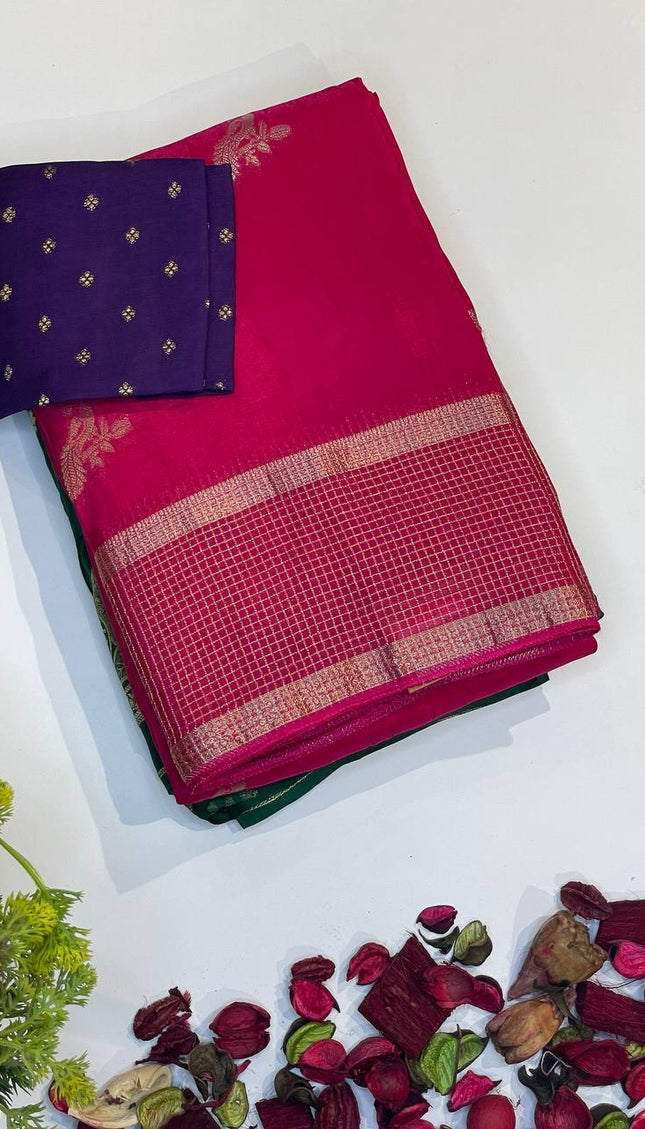 Rani Pink Crepe Silk Saree with Zari Border & Pallu |DS18