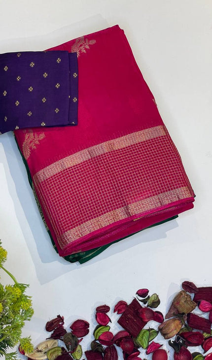 Rani Pink Crepe Silk Saree with Zari Border & Pallu |DS18