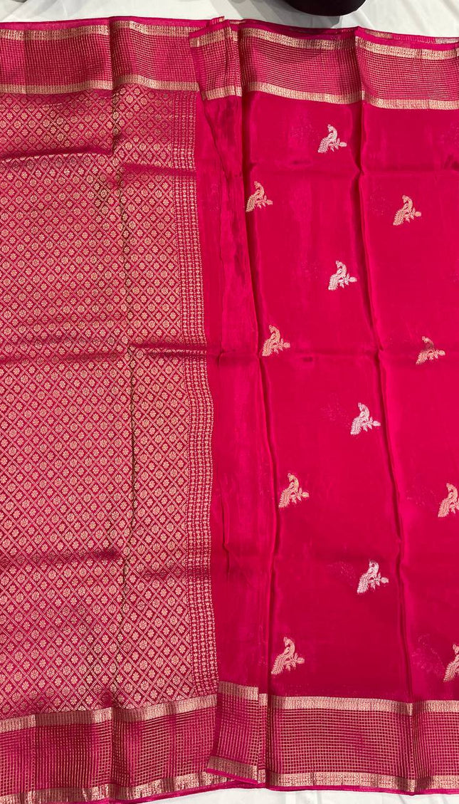 Rani Pink Crepe Silk Saree with Zari Border & Pallu |DS18