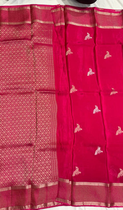 Rani Pink Crepe Silk Saree with Zari Border & Pallu |DS18