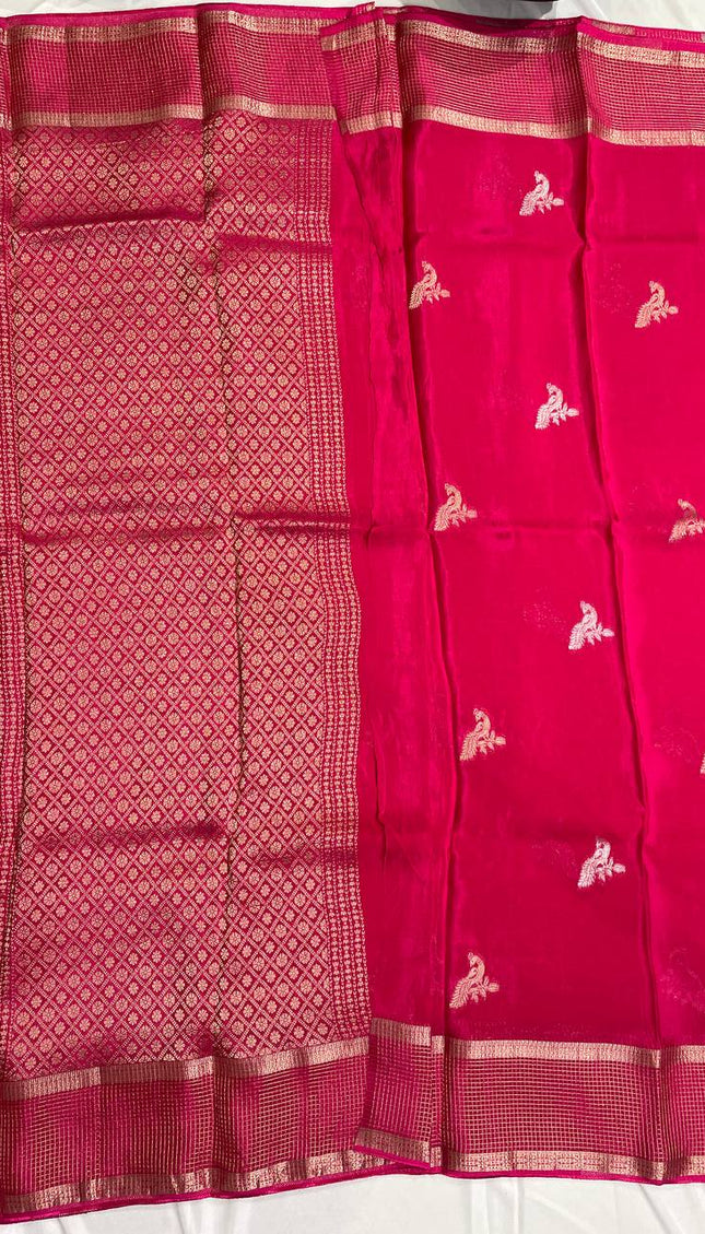 Rani Pink Crepe Silk Saree with Zari Border & Pallu |DS18
