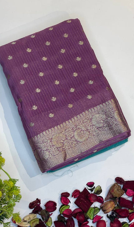 Lavender Purple Crepe Silk Saree with Floral Zari Border |DS19|