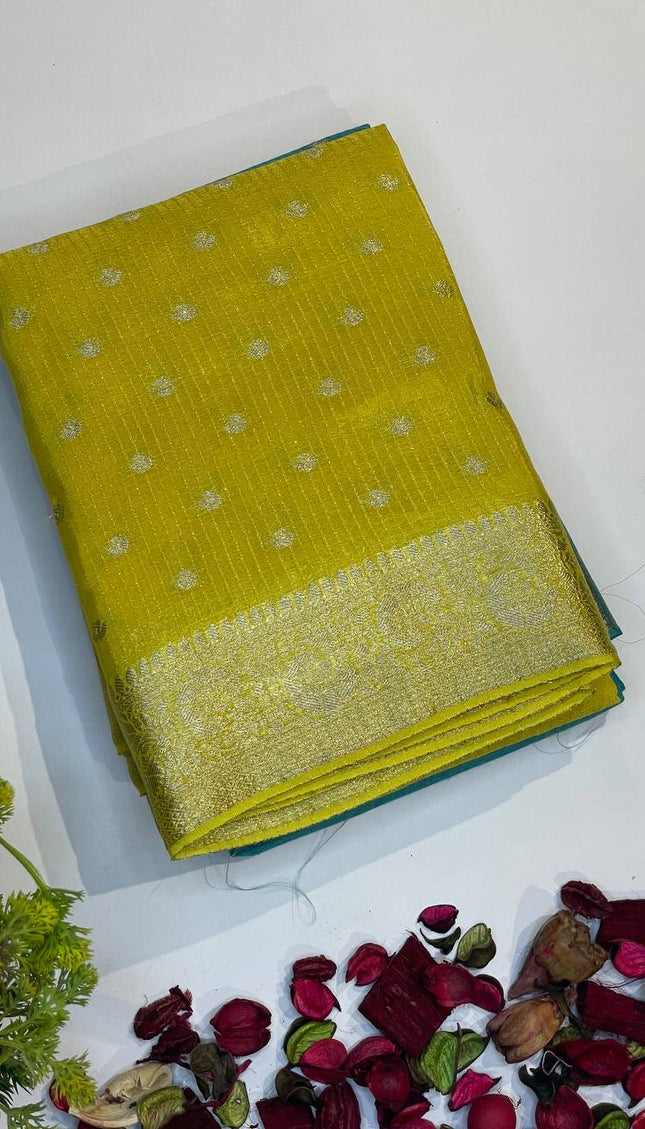 Lime Yellow Crepe Silk Saree with Zari Work & Contrast Blouse |DS19