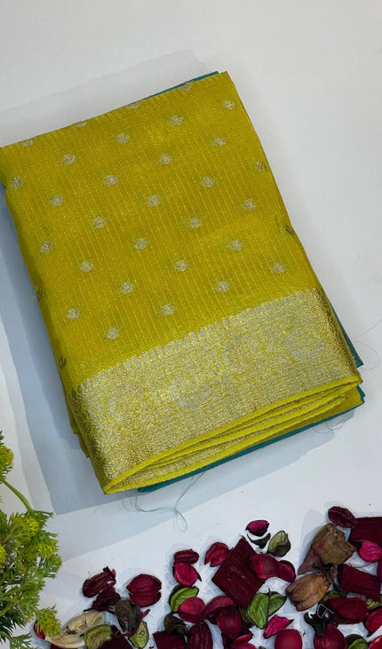 Lime Yellow Crepe Silk Saree with Zari Work & Contrast Blouse |DS19