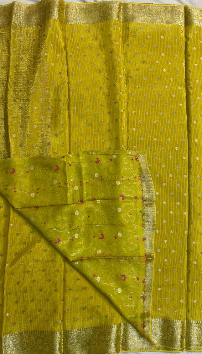 Lime Yellow Crepe Silk Saree with Zari Work & Contrast Blouse |DS19